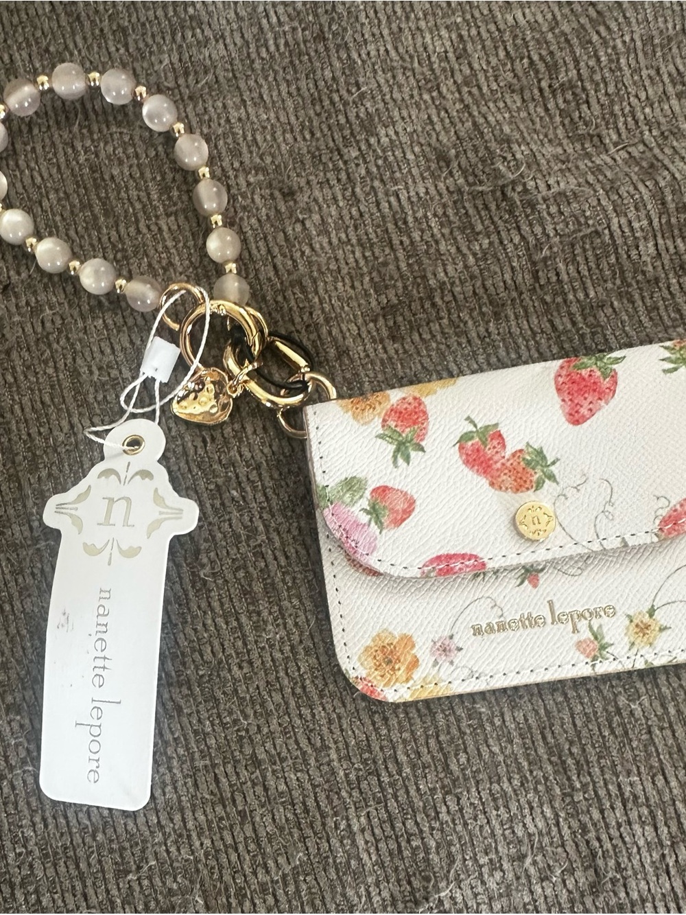 Nanette Lepore White Strawberry Floral Wristlet Card Case with Gold Hardware